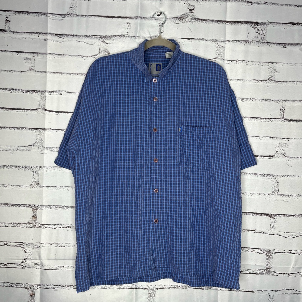 Pineapple Connection L Blue Plaid Casual Button Down Hawaiian Shirt Lightweight